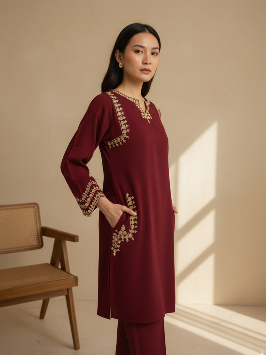 Straight Embroidered 2 Pockets Co-ord Set