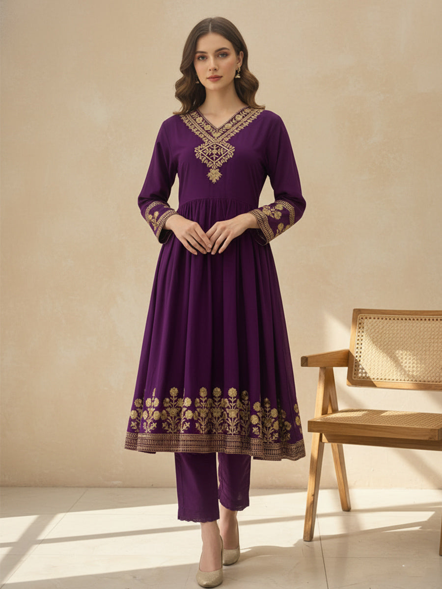 Purple Gold Embroidered A-Line Kurta Dress