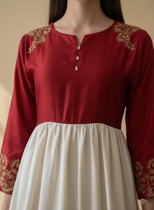 Red & Cream Panelled Dress