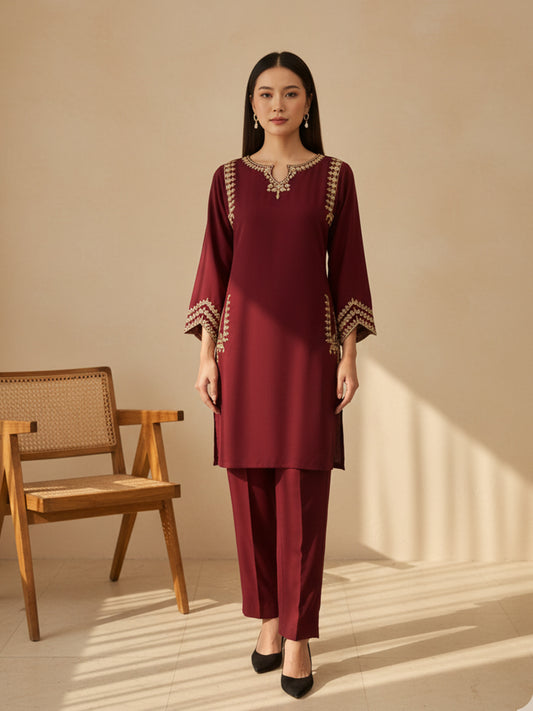 Straight Embroidered 2 Pockets Co-ord Set