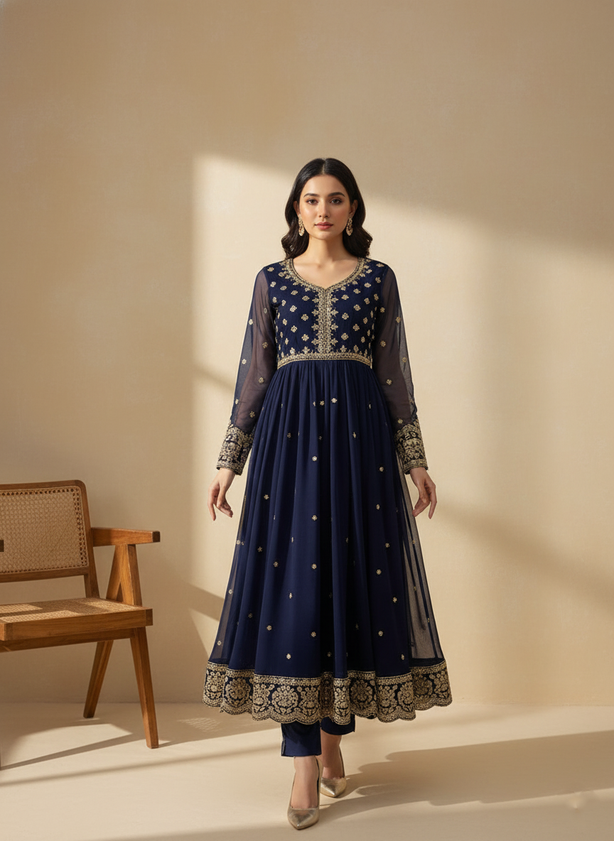 Navy Blue Embroidered Maxi