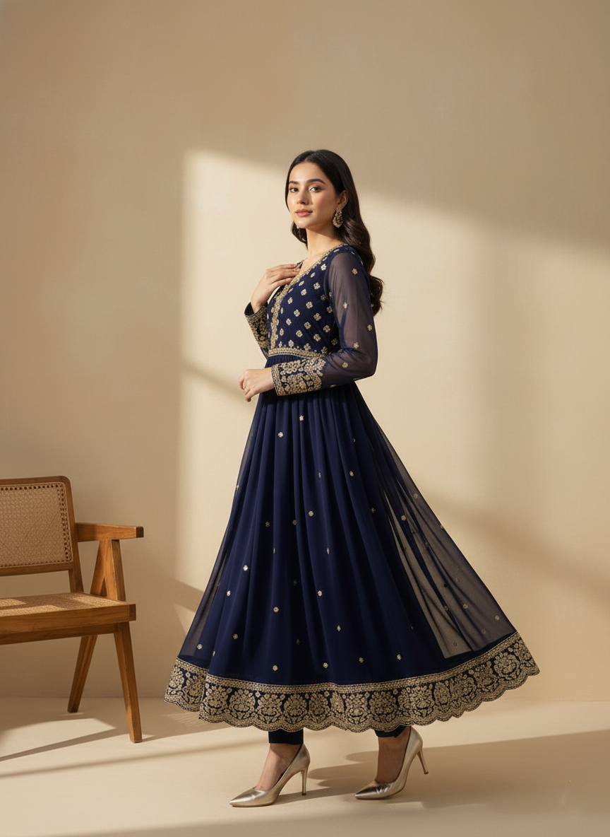 Navy Blue Embroidered Maxi