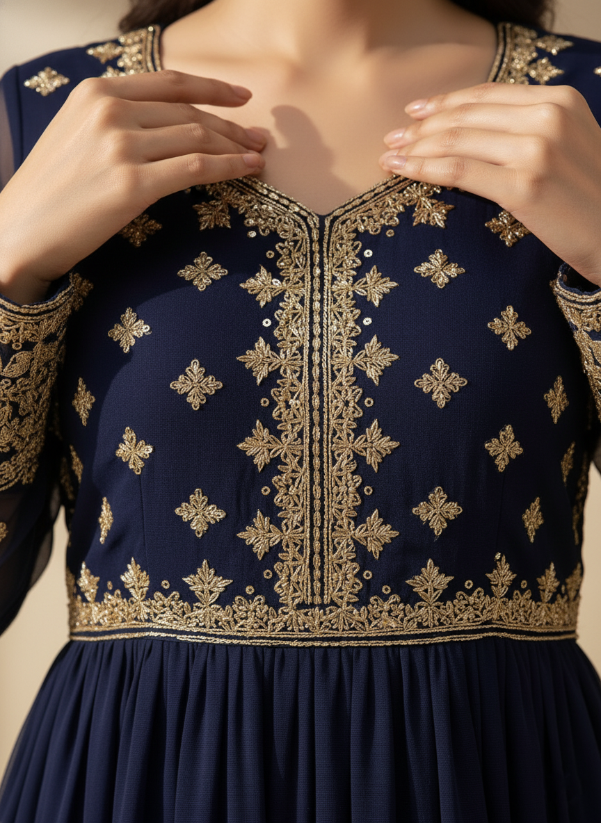 Navy Blue Embroidered Maxi