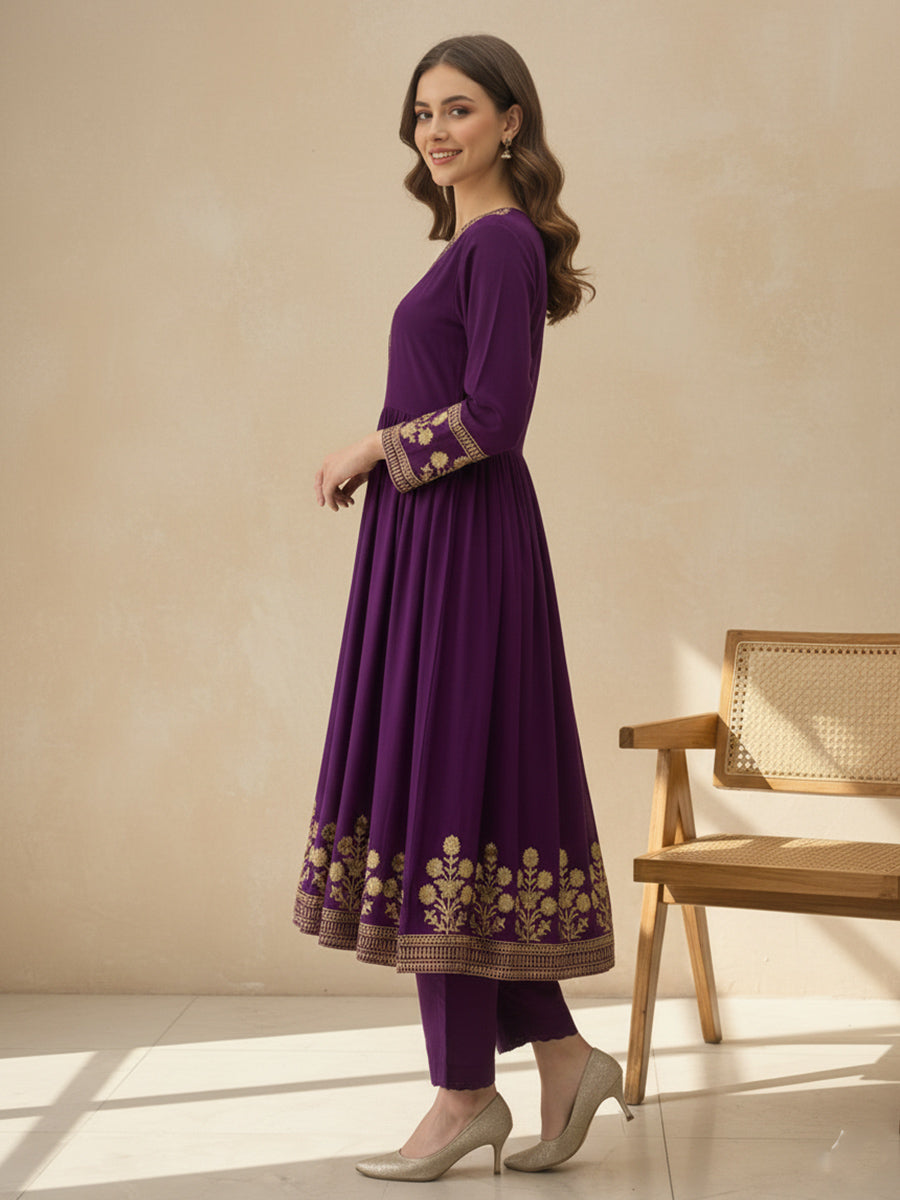 Purple Gold Embroidered A-Line Kurta Dress