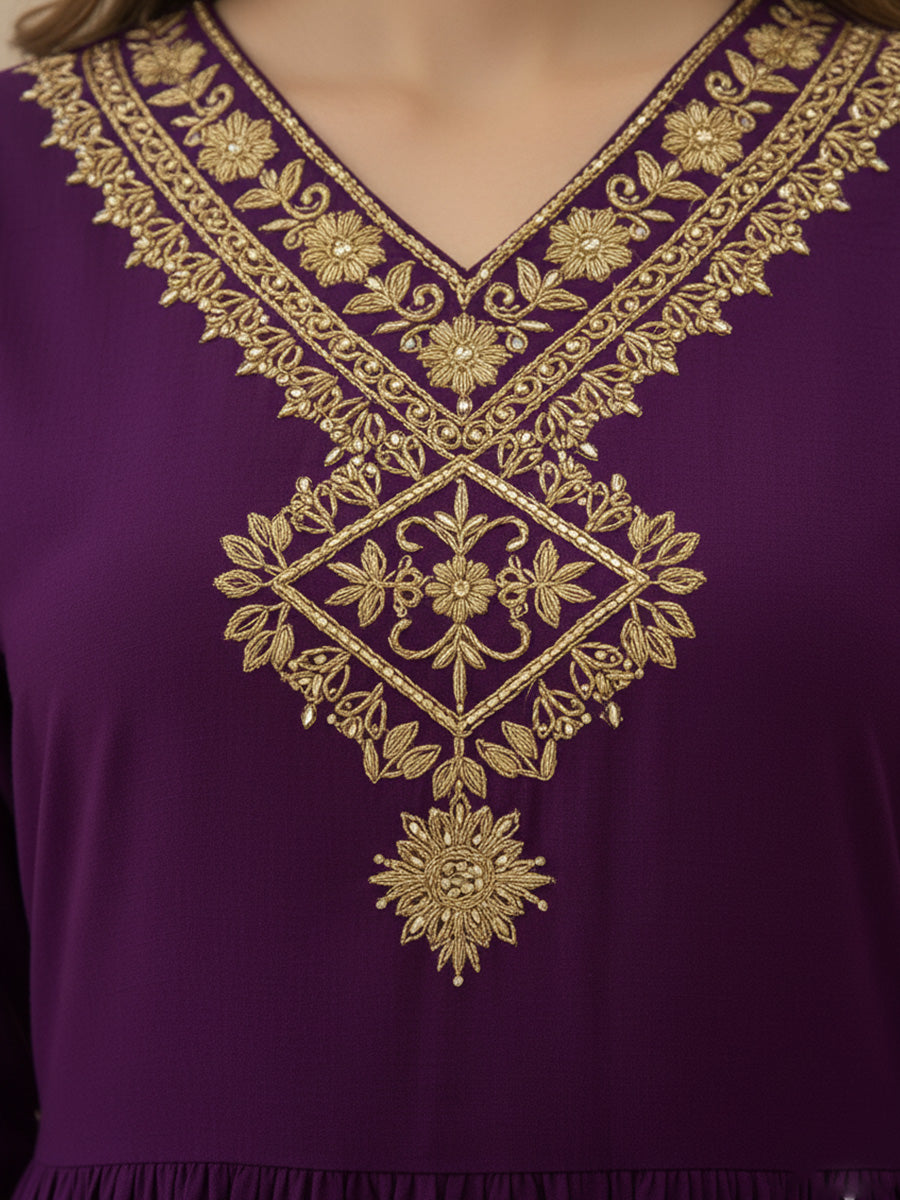 Purple Gold Embroidered A-Line Kurta Dress