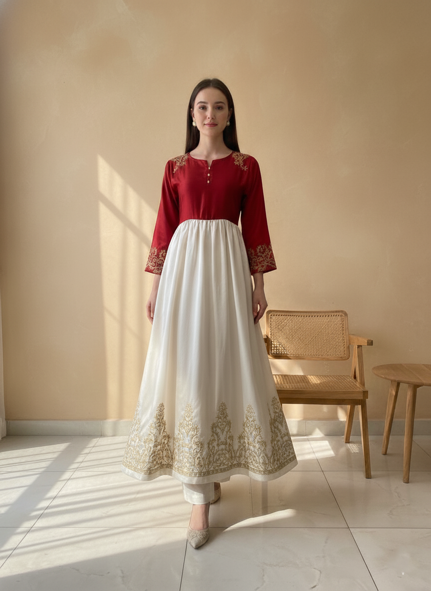 Red & Cream Panelled Dress